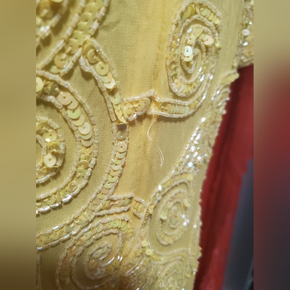 Vintage 80s Yellow Silk Beaded Sequin Sheath Cocktail Midi Dress sz M/L - Picture 7 of 9